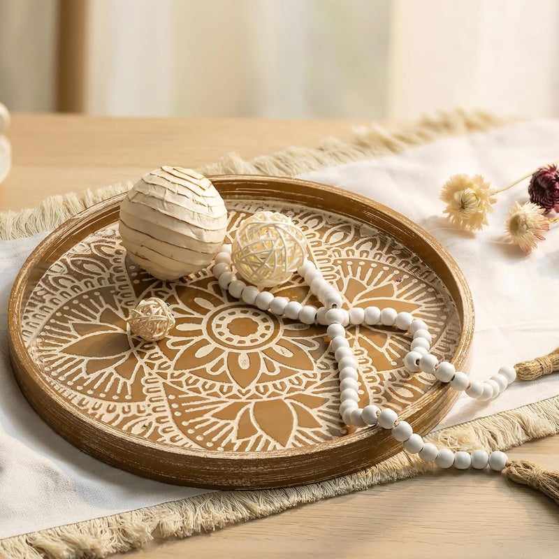 Hanobe Round Decorative Tray for Centerpiece: 2Pcs Vintage Coffee Table Trays with Boho Bead Garlandfor Home Decor - Farmhouse Wood Serving Platter Circle for Kitchen Counter Women - Image 1